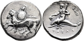 CALABRIA. Tarentum. Circa 280-272 BC. Didrachm or Nomos (Silver, 23 mm, 6.48 g, 11 h), Apollo... and Anth..., magistrates. Helmeted warrior on horse g...
