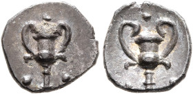 CALABRIA. Tarentum. Circa 280-228 BC. Obol (Silver, 9 mm, 0.49 g, 9 h). Kantharos with two pellets at base. Rev. Kantharos with pellet above and two p...