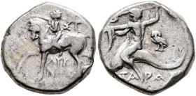 CALABRIA. Tarentum. Circa 272-240 BC. Didrachm or Nomos (Silver, 19 mm, 6.20 g, 6 h), Lykinos and Sy..., magistrates. Nude youth riding horse walking ...