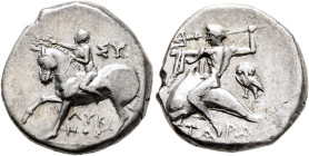 CALABRIA. Tarentum. Circa 272-240 BC. Didrachm or Nomos (Silver, 19 mm, 6.26 g, 6 h), Lykinos and Sy..., magistrates. Nude youth riding horse walking ...