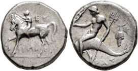 CALABRIA. Tarentum. Circa 272-240 BC. Didrachm or Nomos (Silver, 19 mm, 6.24 g, 7 h), Histiar... and Eu..., magistrates. Nude youth riding horse walki...
