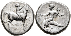 CALABRIA. Tarentum. Circa 272-240 BC. Didrachm or Nomos (Silver, 19 mm, 6.59 g, 4 h), Agatharchos, magistrate. Nude youth riding horse walking to righ...
