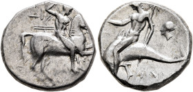 CALABRIA. Tarentum. Circa 272-240 BC. Didrachm or Nomos (Silver, 19 mm, 6.41 g, 6 h), Aristokles and Di..., magistrates. Nude rider on horse galloping...
