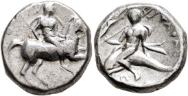 CALABRIA. Tarentum. Circa 272-240 BC. Didrachm or Nomos (Silver, 19 mm, 6.38 g, 2 h), Apollonios and Di..., magistrates. Nude rider on horse galloping...