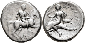CALABRIA. Tarentum. Circa 272-240 BC. Didrachm or Nomos (Silver, 20 mm, 6.41 g, 12 h), Apollonios and Di..., magistrates. Nude rider on horse gallopin...