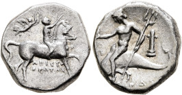 CALABRIA. Tarentum. Circa 272-240 BC. Didrachm or Nomos (Silver, 19 mm, 6.37 g, 5 h), Aristokrates, Phi... and Pi..., magistrates. Nude youth riding h...