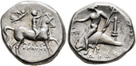 CALABRIA. Tarentum. Circa 272-240 BC. Didrachm or Nomos (Silver, 19 mm, 6.54 g, 12 h), Aristokrates, Phi... and Pi..., magistrates. Nude youth riding ...