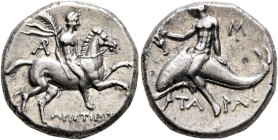 CALABRIA. Tarentum. Circa 240-228 BC. Didrachm or Nomos (Silver, 20 mm, 6.66 g, 3 h), Aristippos, magistrate. ΑΡΙCΤΙΠΠ[OC] Nude youth on horse gallopi...
