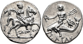 CALABRIA. Tarentum. Punic occupation, circa 212-209 BC. Half Shekel (Silver, 19 mm, 3.79 g, 12 h), Sokannas, magistrate. ΣΩKANNAΣ Warrior on horseback...