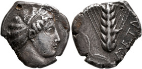 LUCANIA. Metapontion. Circa 430-400 BC. Nomos (Silver, 21 mm, 7.27 g, 12 h). Head of Demeter to right, hair bound with fillet. Rev. META Barley ear wi...