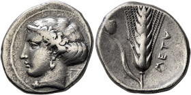 LUCANIA. Metapontion. Circa 400-340 BC. Didrachm or Nomos (Silver, 22 mm, 7.51 g, 12 h). Head of Demeter to left, wearing ampyx, earring and necklace;...
