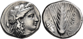 LUCANIA. Metapontion. Circa 400-340 BC. Didrachm or Nomos (Silver, 21 mm, 7.85 g, 6 h). Head of Demeter to right, wearing wreath of grain ears and pea...