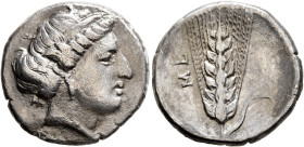 LUCANIA. Metapontion. Circa 400-340 BC. Didrachm or Nomos (Silver, 22 mm, 7.42 g, 11 h), obverse die signed by Kri.... Head of Demeter to right, weari...