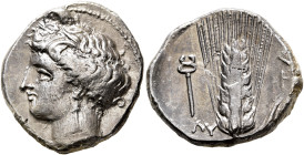 LUCANIA. Metapontion. Circa 340-330 BC. Didrachm or Nomos (Silver, 22 mm, 7.70 g, 3 h), Ly..., magistrate. Head of Demeter to left, wearing wreath of ...