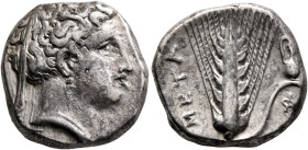 LUCANIA. Metapontion. Circa 340-330 BC. Nomos (Silver, 19 mm, 7.82 g, 4 h). Head of Demeter to right, wearing wreath of grain ears, triple-pendant ear...