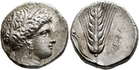 LUCANIA. Metapontion. Circa 340-330 BC. Didrachm or Nomos (Silver, 20 mm, 7.72 g, 6 h), Ph..., magistrate. Demeter to right, wearing wreath of grain e...