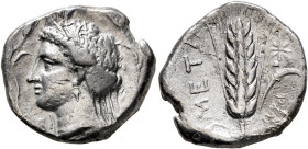 LUCANIA. Metapontion. Circa 340-330 BC. Didrachm or Nomos (Silver, 22 mm, 7.41 g, 3 h), Pro..., magistrate. Head of Demeter to left, wearing wreath of...