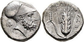 LUCANIA. Metapontion. Circa 340-330 BC. Didrachm or Nomos (Silver, 19 mm, 7.71 g, 3 h), Ami..., magistrate. Bearded head of Leukippos to right, wearin...