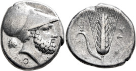 LUCANIA. Metapontion. Circa 340-330 BC. Didrachm or Nomos (Silver, 22 mm, 7.77 g, 9 h). Bearded head of Leukippos to right, wearing Corinthian helmet;...