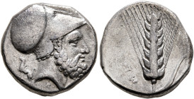 LUCANIA. Metapontion. Circa 340-330 BC. Didrachm or Nomos (Silver, 20 mm, 7.86 g, 11 h), Ami..., magistrate. [ΛEYKIΠΠOΣ] Bearded head of Leukippos to ...