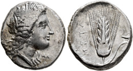 LUCANIA. Metapontion. Circa 330-290 BC. Didrachm or Nomos (Silver, 22 mm, 7.81 g, 7 h), Dai and Mach..., magistrates. Head of Demeter to right, wearin...