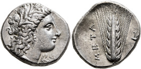 LUCANIA. Metapontion. Circa 330-290 BC. Didrachm or Nomos (Silver, 20 mm, 7.74 g, 1 h). Head of Demeter to right, wearing wreath of grain ears, triple...
