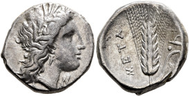 LUCANIA. Metapontion. Circa 330-290 BC. Didrachm or Nomos (Silver, 20 mm, 7.67 g, 11 h), Dai... and Mach..., magistrates. Head of Demeter to right, we...