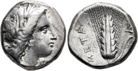 LUCANIA. Metapontion. Circa 330-290 BC. Didrachm or Nomos (Silver, 20 mm, 7.69 g, 11 h), Mach..., magistrate. Head of Demeter to right, wearing wreath...