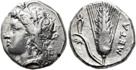 LUCANIA. Metapontion. Circa 330-290 BC. Didrachm or Nomos (Silver, 20 mm, 7.82 g, 7 h), Atha..., magistrate. Head of Demeter to left, wearing wreath o...