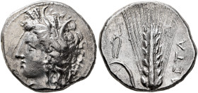 LUCANIA. Metapontion. Circa 330-290 BC. Didrachm or Nomos (Silver, 21 mm, 7.77 g, 2 h), Atha..., magistrate. Head of Demeter to left, wearing wreath o...