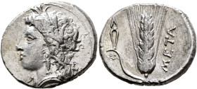 LUCANIA. Metapontion. Circa 330-290 BC. Didrachm (Silver, 23 mm, 7.80 g, 7 h), Atha..., magistrate. Head of Demeter to left, wearing wreath of grain e...