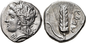 LUCANIA. Metapontion. Circa 330-290 BC. Didrachm (Silver, 20 mm, 7.82 g, 3 h), Atha..., magistrate. Head of Demeter to left, wearing wreath of grain e...