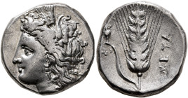 LUCANIA. Metapontion. Circa 330-290 BC. Didrachm or Nomos (Silver, 20 mm, 7.83 g, 3 h), Phi..., magistrate. Head of Demeter to left, wearing wreath of...