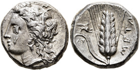 LUCANIA. Metapontion. Circa 330-290 BC. Didrachm or Nomos (Silver, 19 mm, 7.67 g, 9 h), Ly..., magistrate. Head of Demeter to left, wearing wreath of ...
