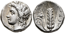 LUCANIA. Metapontion. Circa 330-290 BC. Didrachm or Nomos (Silver, 19 mm, 7.86 g, 6 h), Ly..., magistrate. Head of Demeter to left, wearing wreath of ...