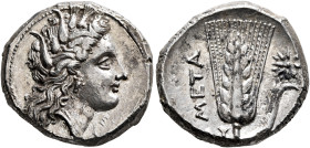 LUCANIA. Metapontion. Circa 330-290 BC. Didrachm or Nomos (Silver, 20 mm, 7.88 g, 7 h). Head of Demeter to right, wearing wreath of grain ears, triple...