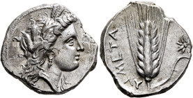 LUCANIA. Metapontion. Circa 330-290 BC. Didrachm or Nomos (Silver, 21 mm, 7.79 g, 10 h), Eu... and Ly..., magistrates. Head of Demeter to right, weari...