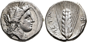 LUCANIA. Metapontion. Circa 330-290 BC. Didrachm or Nomos (Silver, 20 mm, 7.58 g, 8 h), Eu... and Ly..., magistrates. Head of Demeter to right, wearin...