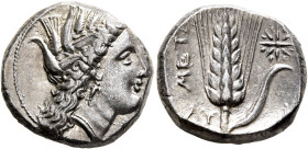 LUCANIA. Metapontion. Circa 330-290 BC. Didrachm or Nomos (Silver, 19 mm, 7.77 g, 6 h), Eu... and Ly..., magistrates. Head of Demeter to right, wearin...