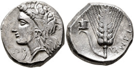 LUCANIA. Metapontion. Circa 330-290 BC. Didrachm or Nomos (Silver, 21 mm, 7.82 g, 9 h), Dech... and Ly..., magistrates. Head of Demeter to left, weari...