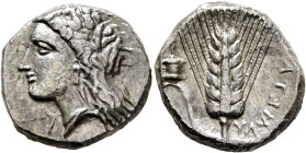 LUCANIA. Metapontion. Circa 330-290 BC. Didrachm or Nomos (Silver, 20 mm, 7.49 g, 6 h), Dech... and Ly..., magistrates. Head of Demeter to left, weari...