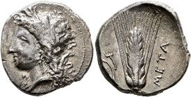 LUCANIA. Metapontion. Circa 330-290 BC. Didrachm or Nomos (Silver, 21 mm, 7.56 g, 1 h), Da..., magistrate. Head of Demeter to left, wearing wreath of ...