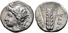 LUCANIA. Metapontion. Circa 330-290 BC. Didrachm or Nomos (Silver, 21 mm, 7.84 g, 6 h), Da..., magistrate. Head of Demeter to left, wearing wreath of ...
