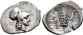 LUCANIA. Metapontion. Circa 325-275 BC. Diobol (Silver, 16 mm, 1.24 g, 8 h). Head of Athena to right, wearing Corinthian helmet. Rev. ΜΕΤΑ Barley ear ...