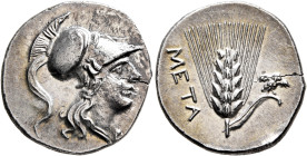 LUCANIA. Metapontion. Punic occupation, circa 215-207 BC. Half Shekel (Silver, 21 mm, 4.13 g, 6 h). Head of Athena to right, wearing crested Corinthia...