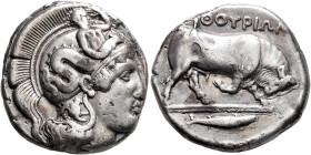 LUCANIA. Thourioi. Circa 410-400 BC. Distater (Silver, 26 mm, 18.78 g, 4 h). Head of Athena to right, wearing helmet adorned, on the bowl, with Skylla...