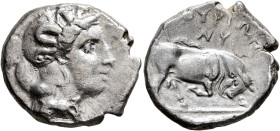 LUCANIA. Thourioi. Circa 400-350 BC. Didrachm or Nomos (Silver, 23 mm, 7.90 g, 6 h). Head of Athena to right, wearing crested Attic helmet adorned, on...