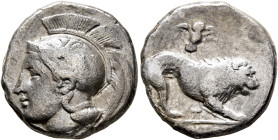 LUCANIA. Velia. Circa 400-340 BC. Didrachm or Nomos (Silver, 20 mm, 7.46 g, 6 h). Head of Athena to left, wearing crested Attic helmet adorned with a ...