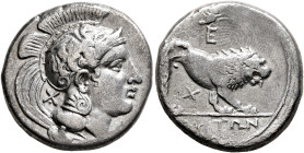 LUCANIA. Velia. Circa 340-334 BC. Didrachm or Nomos (Silver, 21 mm, 7.36 g, 6 h). Head of Athena to right, wearing crested Attic helmet adorned with a...