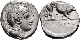 LUCANIA. Velia. Circa 340-334 BC. Didrachm or Nomos (Silver, 21 mm, 7.56 g, 3 h). Head of Athena to right, wearing crested Attic helmet adorned with a...